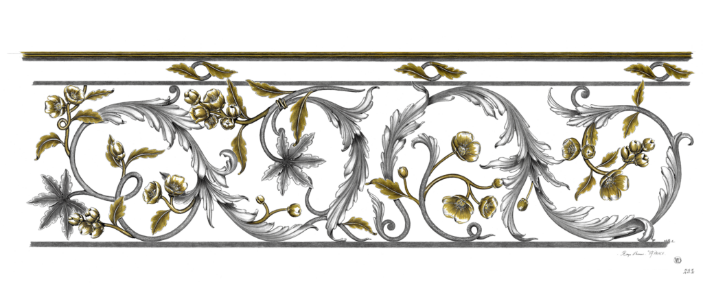 Drawing of an ornamental wrought iron and bronze frieze