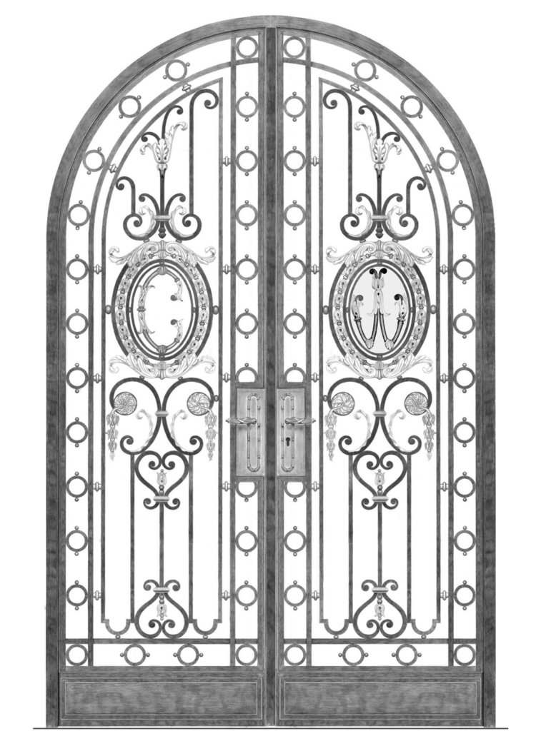 Drawing of an arched wrought iron gate